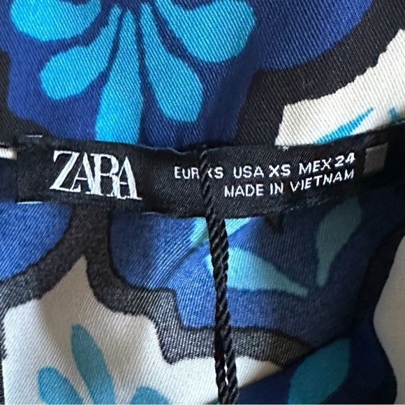 Zara Retro Belted Mini Dress XS NWT Blue 60s 70s Mod Print Long Sleeve High Neck - Picture 9 of 12